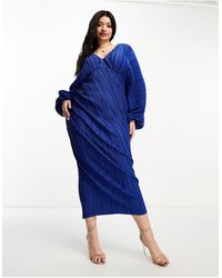 ASOS - Asos Design Curve Deep Plunge Blouson Sleeve Plisse Midi Dress - Lyst