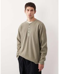 ASOS COLLECTIVE - Camiseta Caqui Extragrande De Manga Larga Con Cuello Panadero De Tejido Grueso Gofrado Ac-T-253 De -Verde - Lyst