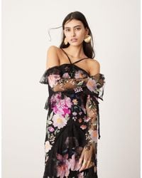 ASOS - Embroidered Halter Cold Shoulder Ruffle Maxi Dress - Lyst