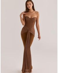 House Of Cb - Charlotte Bronze Shimmer Chiffon + Mesh Strapless Maxi Dress - Lyst