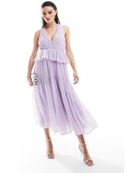 ASOS - Vestito Midi A Balze Lilla Crepuscolare Con Scollo Profondo E Pieghe - Lyst