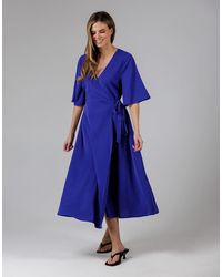 French Connection - V- Neck Bell Sleeve Wrap Tie Crepe Midi Dress - Lyst