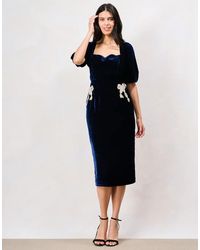 Hope & Ivy - The Averie Puff Sleeve Velvet Midi Pencil Dress With Embellished Bows - Lyst