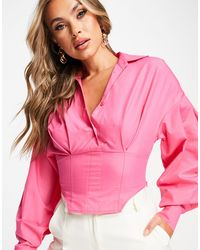 ASOS - Camisa rosa luminoso con cintura estilo corsé y mangas voluminosas - Lyst