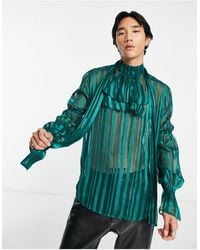 ASOS Relaxed Sheer Stripe Shirt With Tie Neck And Ruffle Front - Green