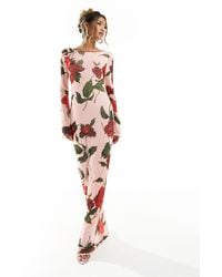 ASOS - Robe longue en tulle à imprimé roses avec dos échancré et manches ange - Lyst