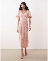 Hope & Ivy - Satin Jacquard Lace Trim Tie Sleeve Midi Dress - Lyst