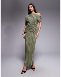 ASOS - Plisse Fallen Shoulder Pencil Maxi Dress With Twist Waist Detail - Lyst