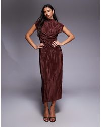 ASOS - Robe mi-longue plissée à col montant et fronces - chocolat - Lyst