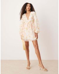 Gina Tricot - Vestito Corto A Maniche Lunghe Con Scollo A V E Stampa Effetto Acquerello - Lyst