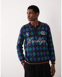 ASOS - Relaxed Knitted Argyle Print Polo With Brooklyn Embroidery - Lyst