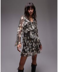 TOPSHOP - Vestido De Tarde Corto De Manga Larga Con Estampado Floral Efecto Acuarela Y Volante De - Lyst