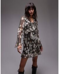 TOPSHOP - Nette Mini-Jurk Met Lange Mouwen, Ruches En Aquarel-Bloemenprint - Lyst
