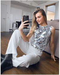 Never Fully Dressed High Neck Sequin Disc Top - Metallic