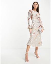 ASOS - Embellished All Over Sequin Midi Dress With Flared Sleeve - Lyst