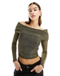 Motel - Off-shoulder Metallic Long Sleeve Knitted Top - Lyst