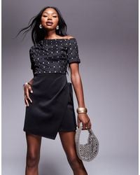 ASOS - Structured Cap Sleeve Mini Dress With Grid Embellishment And Hitched Skirt - Lyst