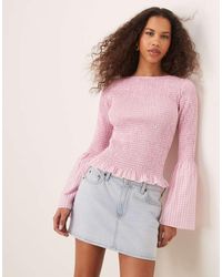 ASOS - Top A Cuadros Vichy Rosas Con Mangas Ángel Fruncidas De - Lyst