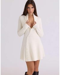 House Of Cb - Ayla Cream Asymmetric Knitted Mini Dress - Lyst