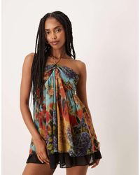 ASOS - Mini Jurk Met Halternek, Contrasterende Zoom En Patchworkprint - Lyst