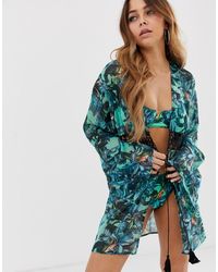Missguided Strand-kimono Met Opengewerkte Bies En Groene Oerwoudprint - Zwart