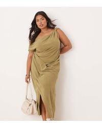 ASOS - Asos Design Curve Linen Fallen Twist Shoulder Wrap Skirt Detail Midi Dress - Lyst
