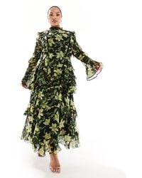 ASOS - Exclusivité asos design curve - robe mi-longue à volants avec bordure en dentelle et imprimé fleurs - noir - Lyst