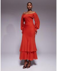 ASOS - Off The Shoulder Ruffle Maxi Dress With Tie Godets And Blouson Sleeves - Lyst