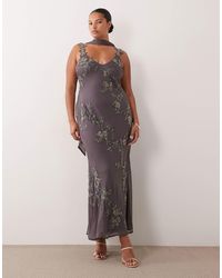 ASOS - Asos design curve robe longue caraco à fleurs ornée avec écharpe en charbon - Lyst