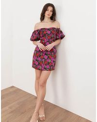 Maya - Floral Jacquard Short Sleeve Bardot Mini Dress - Lyst