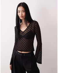 ASOS - Sheer Flocked Polka Dot Mesh Long Sleeve Top - Lyst