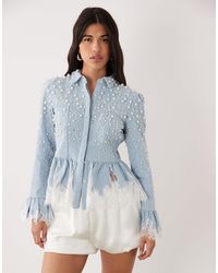 ASOS - Peplum Denim Corset Shirt With Lace And Pearl Detail - Lyst
