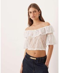 ASOS - Sheer Lace Ruffle Bardot Crop Top - Lyst