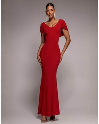 Goddiva - V Neck Cowl Back Pleated Sleeve Sculpting Stretch Jersey Maxi Dress - Lyst