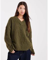 ASOS - Pull oversize en maille brossée à col v - olive - Lyst
