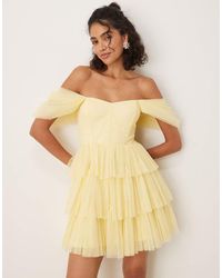 LACE & BEADS - Off Shoulder Corset Tulle Mini Dress - Lyst