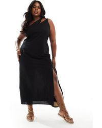 ASOS - Asos Design Curve One Shoulder Split Strap Linen Midi Sundress - Lyst