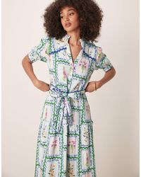 Hope & Ivy - Button Front Midi Dress With Tiered Skirt And Tie Waist - Lyst