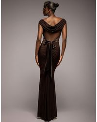 Goddiva - Open Back Cowl Neck Gathered Maxi Dress With Velvet Tie Back - Lyst