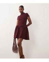 Kaiia - Exclusive High Neck Short Sleeve Fit And Flare Basque Dropped Waist Detail Mini Dress - Lyst