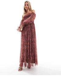 LACE & BEADS - Lace and beads petite - robe longue à volants et manches longues en tulle fleuri - Lyst