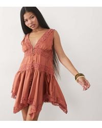 Miss Selfridge - Boho Satin Lace Insert Hanky Hem Mini Dress - Lyst