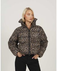 Brave Soul - Leopard Print Short Puffer Jacket With Oversized Collar - Lyst