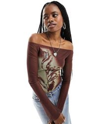 Motel - Flower Print Mesh Long Sleeve Off Shoulder Top - Lyst