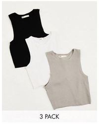 Pull&Bear - 3 Pack Ribbed Racer Neck Cropped Top White, & Beige - Lyst