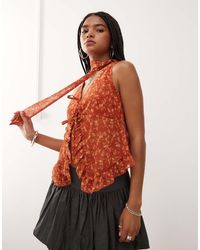 Reclaimed Vintage - Chiffon Floral Print Ruffle Tie Front Blouse With Matching Scarf - Lyst