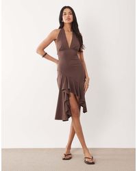 The Frolic - Exclusive Plunge Cowl Neck Asymmetric Ruched Drape Front Midi Dress - Lyst