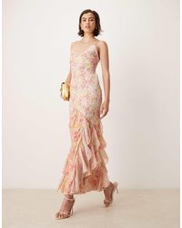 For Love & Lemons - – elea – maxikleid mit rüschen, rückenschnürung und pfirsichfarbenem blumenmuster - Lyst