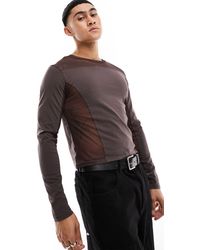 ASOS - T-shirt manches longues moulant en tulle à empiècements style coupé-cousu - marron - Lyst