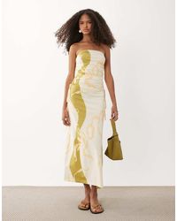 ASOS - Vestito Midi A Fascia Con Arricciature Laterali Color Crema E Verde Oliva Con Stampa Astratta - Lyst